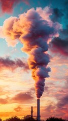 A vibrant sunset contrasts against thick, billowing smoke from a factory, creating a dramatic sky filled with color.