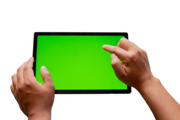 Hands of a man using a tablet with green screen, chroma key, on a transparent background