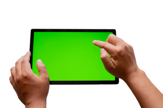 Hands of a man using a tablet with green screen, chroma key, on a transparent background