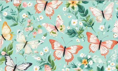 Brightly colored butterflies perched on delicate blossoms, evoking a sense of tranquility and beauty. Perfect for greeting cards, nature-themed decor, digital designs, print, wallpapers.