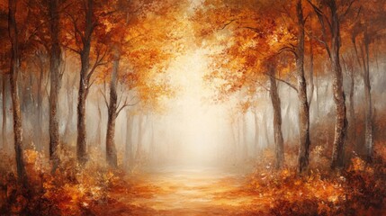 An Oil Painting Depicting a Misty Autumn Forest Path