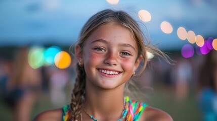 Happy girl smiling at outdoor festival.