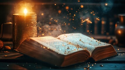 Obraz premium An Open Book Glimmering With Golden Dust Near A Candle