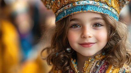 Fototapeta premium A young child in vibrant traditional attire, adorned with intricate patterns and colors, smiling warmly amidst a lively cultural celebration background of gold and blue.