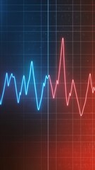 An abstract digital graphic depicting a vibrant blue and red heartbeat pattern on a grid background.