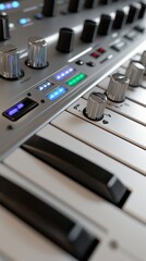 Close-up of a modern synthesizer with sleek knobs and colorful lights, showcasing its intricate design and functionality.