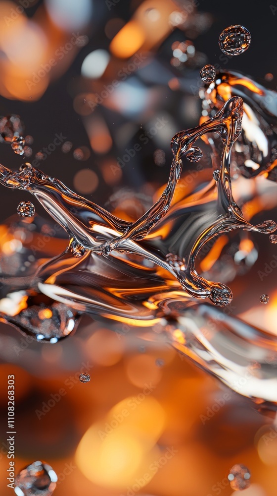 Poster a mesmerizing display of water splashes creating dynamic shapes with orange bokeh in the background.