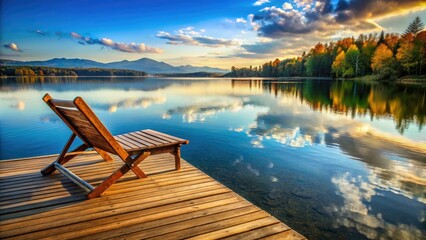 Naklejka premium Lakeside Relaxation: Candid Photo of Wooden Jetty with Lounge Chair - Peaceful Lake Scene