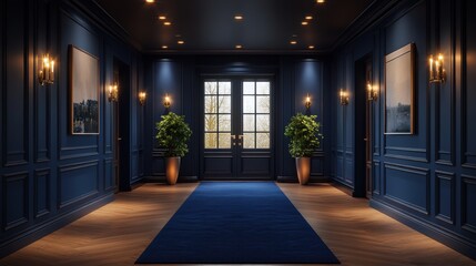 An elegantly designed hallway features navy blue walls, wooden flooring, decorative plants, and tasteful lighting, creating a sophisticated and inviting ambiance.