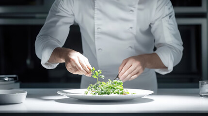 Fototapeta premium Gourmet chef adding final garnishes to exquisite cuisine for culinary presentation