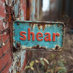 An aged and rusted sign with bold red lettering 'shear' affixed to a weathered brick wall,...