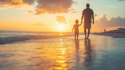 Fototapeta premium During a stunning sunset, a parent and child enjoy a leisurely walk along a serene beach, embracing the captivating beauty of the ocean view together.