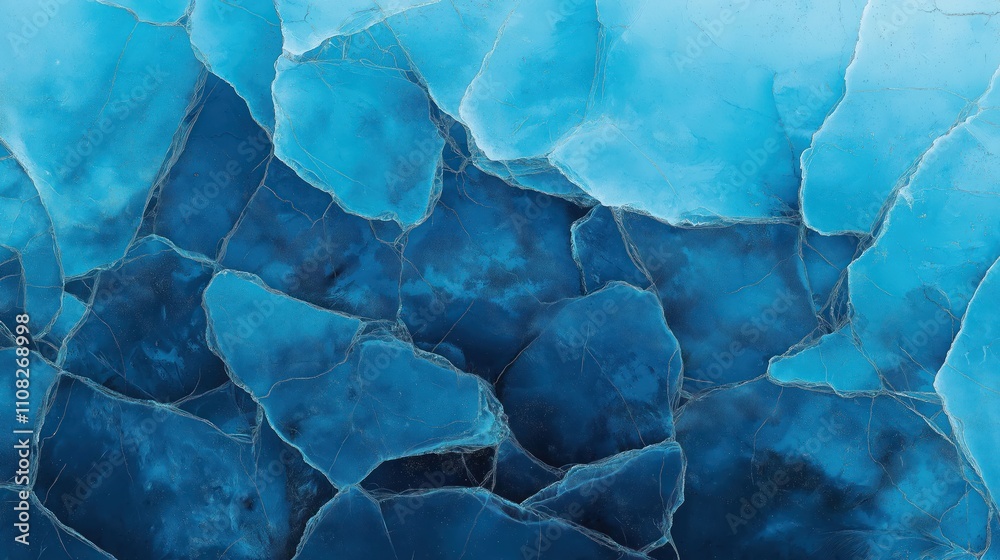 Poster Abstract ice background shows blue fractured ice surface. Frozen water texture with deep cracks. Ice patterns create unique design. Cool color palette. Natural ice formations. Frozen landscape.