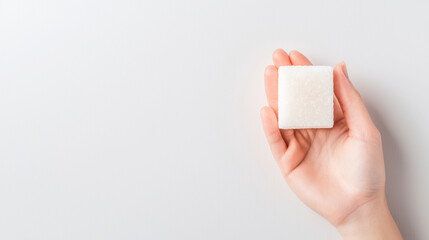 Concept of complications of diabetes, high blood sugar. A hand holding a sugar cube against a solid white background.