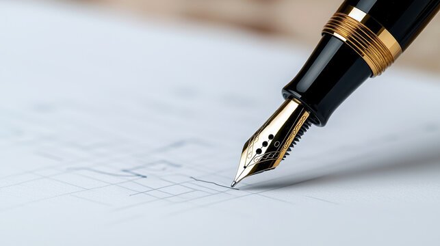 Pen write paper chart concept. Close-up of an elegant fountain pen writing on paper with grid lines.