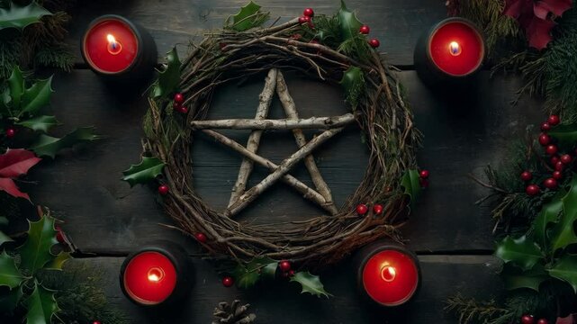 Wiccan pentagram symbol with wreath and burning candles. Winter solstice decoration. Yule holiday concept. Pagan ritual backdrop with copy space for card, poster
