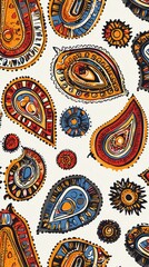 Colorful paisley pattern in vibrant hues of orange, blue, and black, creating an eye-catching design.