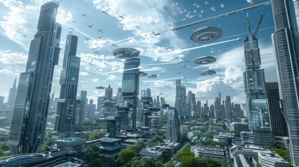Obraz premium The image depicts a futuristic cityscape with towering skyscrapers, flying vehicles, and advanced architecture, surrounded by water and greenery, under a clear sky with a distant planet visible.