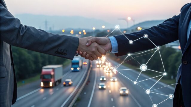 Business Partnership Logistics Transportation Network Deal Highway Handshake