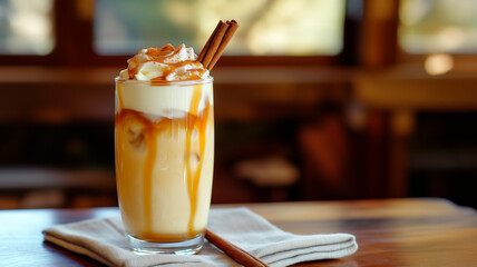 Creamy coffee with milk and cream, caramel and cinnamon glaze.