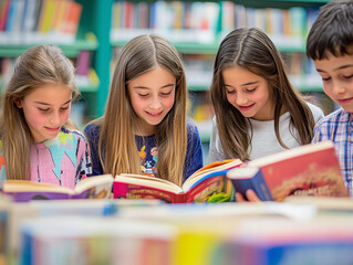 Children enjoying a reading activity together in a library surrounded by colorful bookshelves