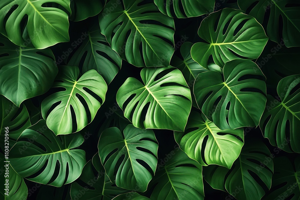 Aufkleber exotic monstera leaves create summer pattern. vibrant green leaves layered closely together. pattern