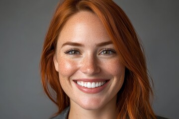 Naklejka premium Cheerful woman with red hair and freckles smiling against gray backdrop