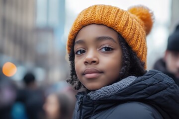 A young child wearing a warm orange knit hat and a puffy winter coat, standing outdoors during a chilly day with soft-focus background cityscape.