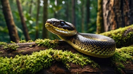 Obraz premium Anaconda snake on a tree in forest