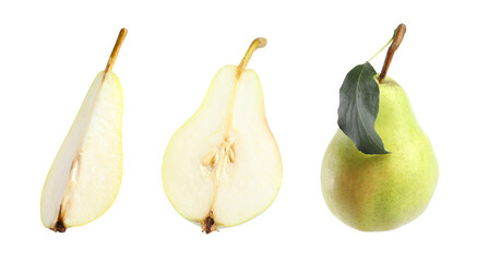 Fresh raw pears isolated on white, set