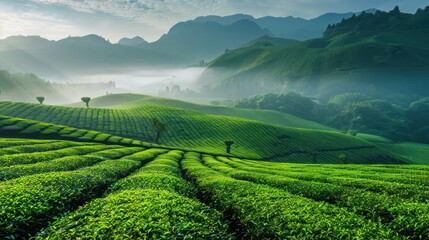 Fototapeta premium The image depicts lush green tea plantations on rolling hills, covered in morning mist. Layers of vibrant greenery stretch into the distance, surrounded by tranquil mountains under soft sunlight.