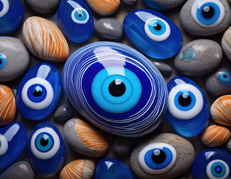 Multiple painted stones feature evil eye designs in various shades of blue, orange, and gray, with a larger central stone displaying a more intricate evil eye pattern.