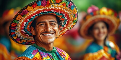 Fototapeta premium A joyful celebration of cultural heritage with people in vibrant traditional attire, showcasing colorful embroidered hats and garments outdoors during a sunny festival.