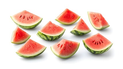Aerial view of watermelon slices in various orientations, rich with summer vibes, juicy texture and vibrant green rinds