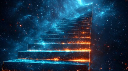 Ascending staircase with glowing digital lines, floating through a neon matrix world, Sci-Fi, Cyberpunk, 3D