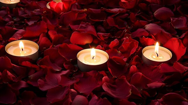 Red rose petals on satin sheets, candle-lit Valentine's setting