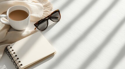 Bright Morning Scene with Coffee, Notebook, Sunglasses and Scarf