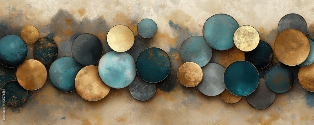 Poster abstract art piece features overlapping circles in various shades of brown blue gold. circles layere