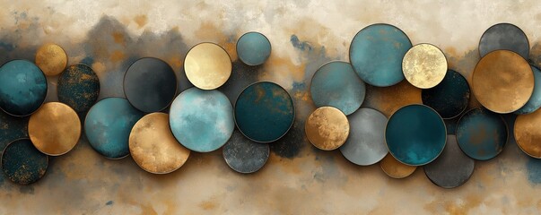 Abstract art piece features overlapping circles in various shades of brown blue gold. Circles layered on beige background. Modern design with alcohol ink, golden paint smudges. Style suitable for