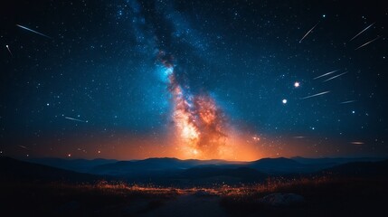 Fototapeta premium Night sky with numerous shooting stars and a clear view of the Milky Way