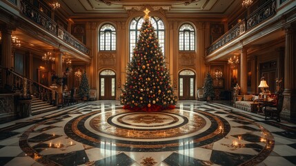 Here's a description and keywords for your image... Grand mansion's opulent foyer displays a majestic Christmas tree, adorned with ornaments, centered on a gleaming marble floor.