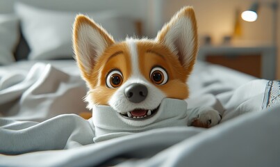 funny and cute cartoon dog lying on hospital bed with a bandage on neck. dog has big expressive eyes. image in 3d rendering style.