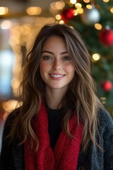 Obraz premium A joyful portrait of a person with long hair, wearing a red scarf, against a festive background adorned with blurred lights and Christmas decorations.