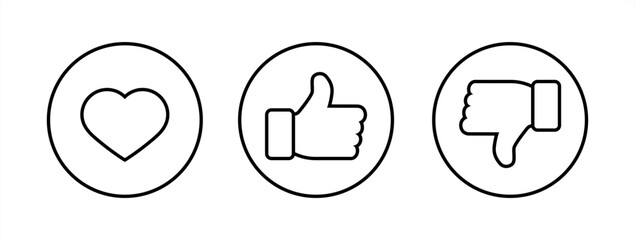 Love, like, and dislike icon on circle line. Heart, hand thumb up and down sign symbol, vector 10 eps.