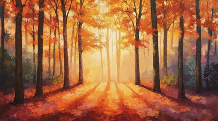 Obraz premium Golden Sunlight Filtering Through Autumn Trees
