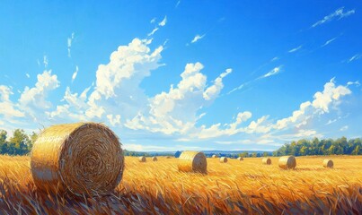 Hay bales under the blue sky in summer.