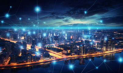 Obraz premium Smart city and communication network concept. Internet of Things. Information Communication Network.