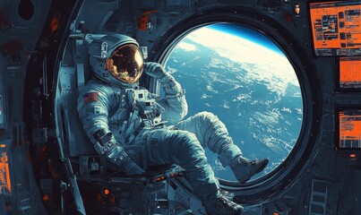 Spacecraft window showing a thoughtful astronaut