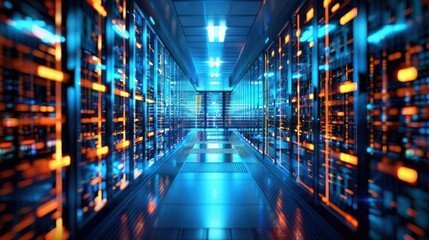 Obraz premium A futuristic data center corridor illuminated by vibrant lights and server racks.