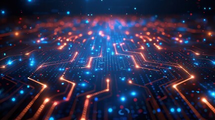 Obraz premium Abstract digital circuit with glowing lights representing technology and connectivity.